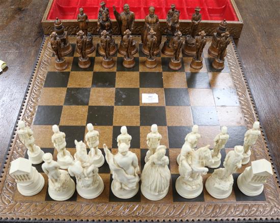 An American Civil War theme chess set, together with a chequer board